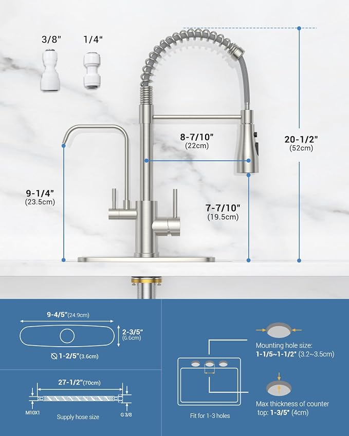 DAYONE Kitchen Faucet with Water Filter and Sprayer, 3 in 1 Pull Down Faucet with Purfied Water Faucet, 20 Inches High Arc Kitchen Water Filter Faucet, Brushed Nickel (Without Filtration Device)