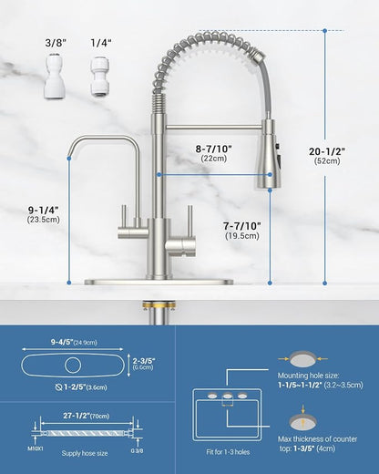 DAYONE Kitchen Faucet with Water Filter and Sprayer, 3 in 1 Pull Down Faucet with Purfied Water Faucet, 20 Inches High Arc Kitchen Water Filter Faucet, Brushed Nickel (Without Filtration Device)