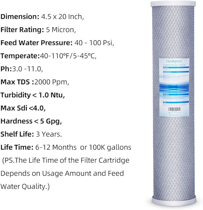 Geekpure 20 Inch Carbon Block Water Filter Reduce Chlorine Taste Odors for Whole House Filtration- 4.5 Inch x 20 Inch -5 Micron-Pack 4