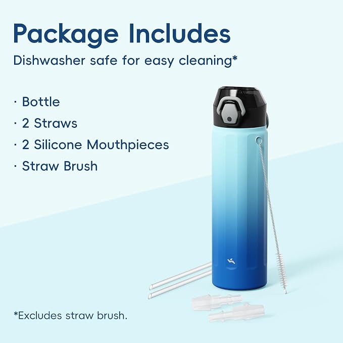 Konokyo FLOWPLAY 18oz Locking Push-Button Water Bottle with Silicone Spout,Leak-Proof,18/8 Stainless Steel Double-Wall Vacuum Insulated for Sports and Travel,BPA-Free,Sky
