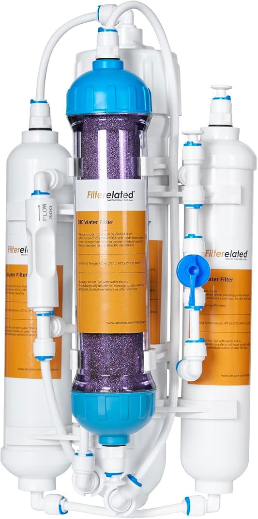 4-Stage Aquarium Reverse Osmosis System with Flushing Valve Portable RO+DI deionized Water Filtration,Colour Changing DI Filter,100 GPD-TDS Close to 0 ppm