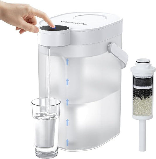 Waterdrop ED06W Electric Water Filter Pitcher, FreshTaste Rechargeable Dispenser, 17-Cup Instant Countertop Purifier, Reduce Chlorine, Lead, Copper, Purify, Soften Water, Does not Lower TDS, White