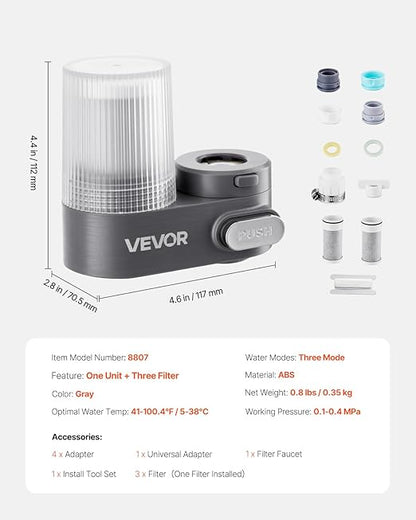 VEVOR Faucet Mount Water Filter, Vertical Water Purifier for Sink Tap, NSF Certified Carbon Fiber Filter, Removes Chlorine Lead with 3 Filters, Fits Most Kitchen or Bathroom Faucets, Gray