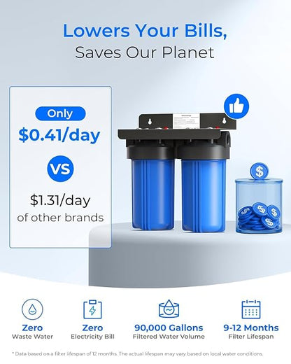 Waterdrop WHF21-PBL 2-Stage Whole House Water Filter System, 5 Micron | Highly Reduces Lead, PFAS and Heavy Metals, Taste, 5-Stage Filtration, with Carbon and Sediment Filter, 1" Inlet/Outlet