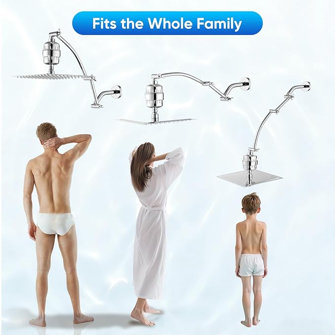 Shower Head with Filters, Stainless Steel Rain Filtered Shower Head, High Pressure Shower Head with 16" Shower Extension Arm - 20 Stage Shower Filter for Hard Water - 8" Silver