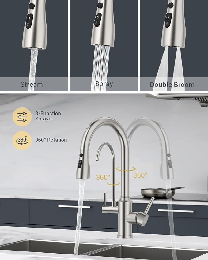 DAYONE Kitchen Faucet with Pull Down Spayer and Water Filter, 3 in 1 Sink Faucet with Drinking Water, 3-Way Kitchen Faucet with Purfied Water Faucet, Cold and Hot Mixer Filter Tap, Brushed Nickel