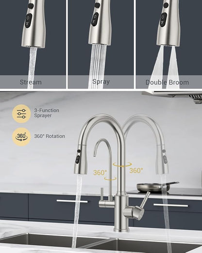 DAYONE Kitchen Faucet with Pull Down Spayer and Water Filter, 3 in 1 Sink Faucet with Drinking Water, 3-Way Kitchen Faucet with Purfied Water Faucet, Cold and Hot Mixer Filter Tap, Brushed Nickel