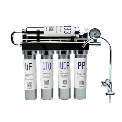 Stainless Steel Water Filter for Sink, 0.01m Ultra-Filtration Under Sink Water Filter System, Reduces PFAS, PFOA/PFOS, Fluoride, Chlorine, Bad Taste & Odor, Tankless 5-Stage with Faucet