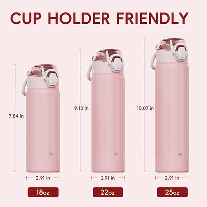 Konokyo FLOWPLAY 18oz Locking Push-Button Water Bottle with Silicone Spout,Leak-Proof,18/8 Stainless Steel Double-Wall Vacuum Insulated for Sports and Travel,BPA-Free,Pink
