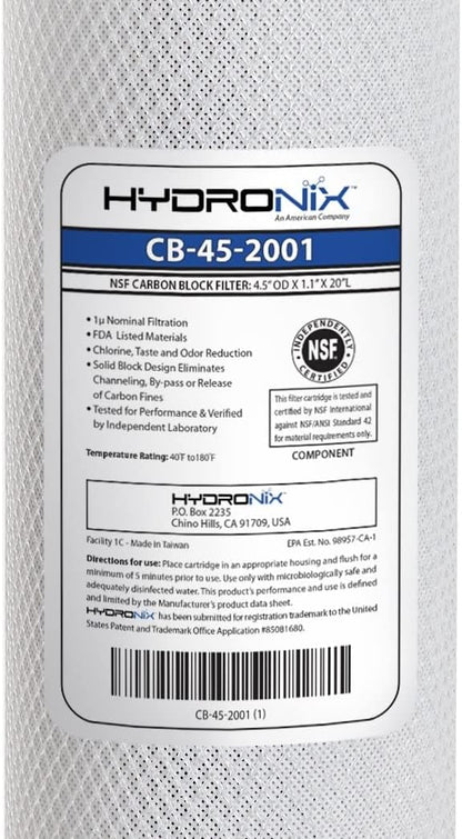 Hydronix CB-45-2001 Whole House, Commercial & Industrial NSF Coconut Carbon Block Water Filter, 4.5" x 20" - 1 Micron