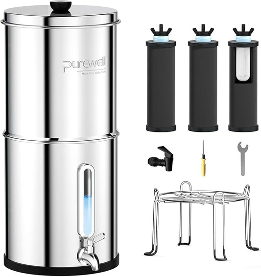 Purewell 4-Stage Ultra-Filtration Gravity-fed Water Filter System with 3 Filters, 304 Stainless Steel Countertop System with Water Level Window, Reduce Fluoride and Chlorine, 2.25G, PW-KS-3F