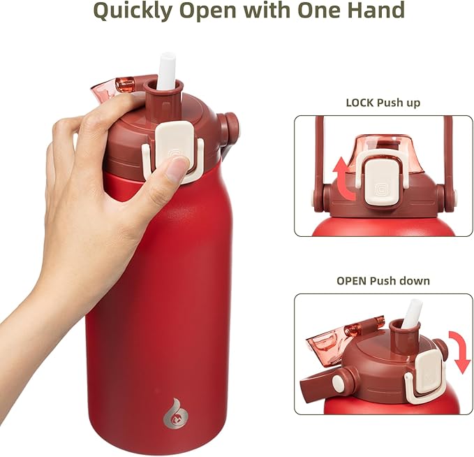 BJPKPK Insulated Water Bottles with Straw, 57 oz Sports Water Bottle with One-handed Opening Lid, BPA Free Leakproof Easy Carry Jugs, Flasks for Gym Sports Outdoors, Red