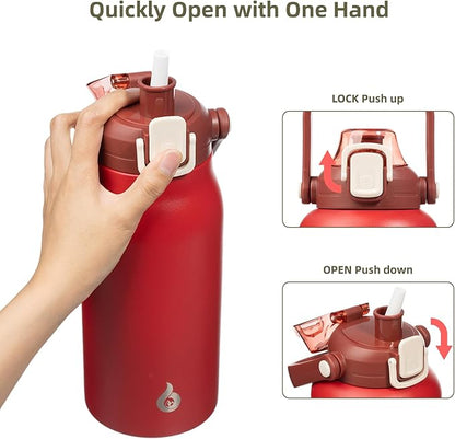 BJPKPK Insulated Water Bottles with Straw, 35 oz Stainless Steel Metal Water Bottle with One-handed Opening Lid, BPA Free Sport Jugs, Flasks for Men & Women, Red