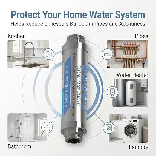 Whole House Water Descaler 3/4” NPT – Hard Water Scale Inhibitor, No Salt Physical Water Conditioner for Main Water Line, Maintenance-Free, Helps Reduce Limescale in Pipes & Appliances