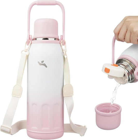 Konokyo Insulated Water Bottle with Handle and Strap,Vacuum Travel Tumbler with Cup Lid,Thermo Coffee Cup for Hot Cold Drinks 50 OZ,Pink Pearl