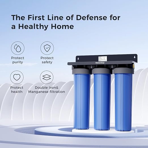 Waterdrop WHF3T-FG 3-Stage Whole House Water Filter System, 5 Micron | Reduces Iron & Manganese, Lead, Chlorine, Odor, 7-Stage Filtration, with Carbon Filter & Sediment Filter, 1" Inlet/Outlet