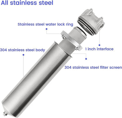 Amwater NSF/ANSI 42 Stainless Steel Whole House Water Filter Housing, 10" x 2.5" Sediment Water Filter System for Heavy Duty, Well & City Water, 1" NPT Port, Drain Valve Style C(Square Head)
