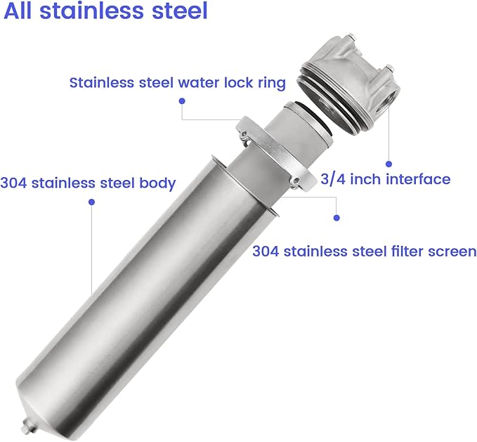 Amwater NSF/ANSI 42 Stainless Steel Whole House Water Filter Housing, 10" x 2.5" Sediment Water Filter System for Heavy Duty, Well & City Water, 3/4" NPT Port, Drain Valve Style C(Square Head)