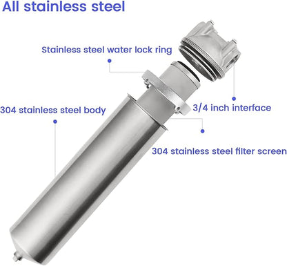 Amwater NSF/ANSI 42 Stainless Steel Whole House Water Filter Housing, 10" x 2.5" Sediment Water Filter System for Heavy Duty, Well & City Water, 3/4" NPT Port, Drain Valve Style C(Square Head)