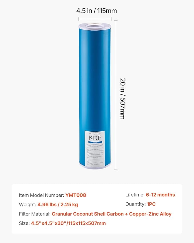 VEVOR KDF Whole House Water Filter, 20 x 4.5 Inch Universal Fit Cartridge, 100,000 Gal Capacity, Coconut Shell GAC + Copper Zinc Alloy, Reduces Heavy Metals, Chlorine, Bad Taste & Odor