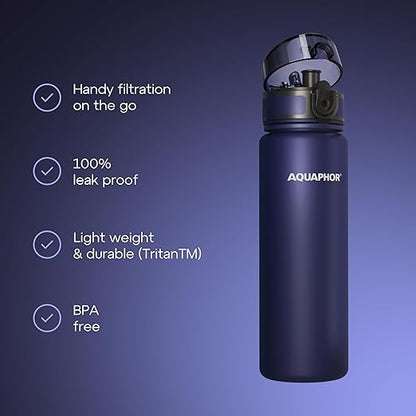 AQUAPHOR City Water Filter Bottle 500 ml | Portable Filtered Water Bottle with Integrated Water Purifier | BPA-Free | Reusable Bottle with Water Filter for Camping, Travel & Outdoor Use | Navy