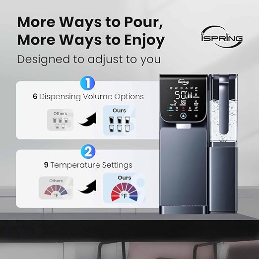 iSpring RCD100UHCG UV Alkaline Hot & Cold Countertop Reverse Osmosis Water Filter Dispenser with Mineral & LED UV Filter, 9 Temp Options (50-210°F), 6 Volumes, TDS & Filter Life Monitor