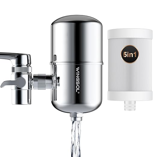 WINGSOL Stainless Steel Water Filter for Sink Faucet, NSF/ANSI 42&53, 360° Rotating Tap Purifier, Reduce Heavy Metals 99.6% Lead, Improve Taste, 250 Gallons Mineral pH+ Water, Reinforced Housing