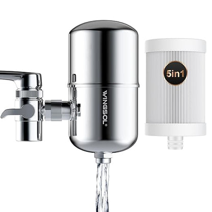 WINGSOL Stainless Steel Water Filter for Sink Faucet, NSF/ANSI 42&53, 360° Rotating Tap Purifier, Reduce Heavy Metals 99.6% Lead, Improve Taste, 250 Gallons Mineral pH+ Water, Reinforced Housing