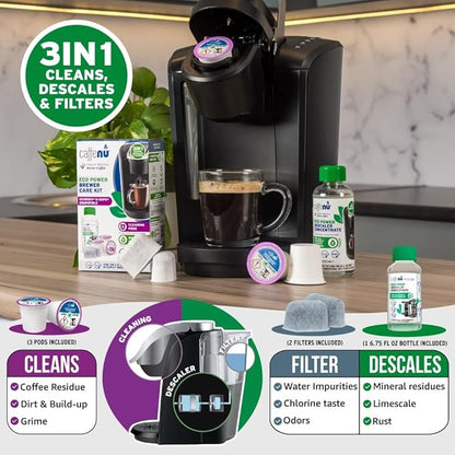 Caffenu Keurig Compatible Descaling Solution Cleaner and Descaler Kit. 2 Uses Descaling Solution, 3 Cleaning Pods and 2 Filter Replacement. 3 Months Maintenance Kit. For Keurig 1.0 & 2.0