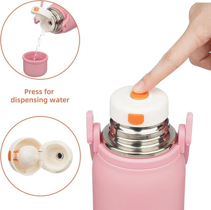 Konokyo Insulated Water Bottle with Handle and Strap,Vacuum Travel Tumbler with Cup Lid,Thermo Coffee Cup for Hot Cold Drinks 27 OZ,Pink