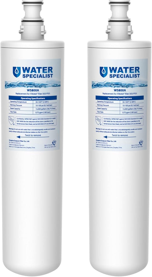 Waterspecialist 3US-PF01 3US-MAX-F01 Under Sink Water Filter, Replacement for Filtrete® 3US-PF01, 3US-MAX-F01H, Delta RP78702, Manitowoc K-00337, K-00338, HF20, HF25, HF27, NSF/ANSI 42, 2 Pack