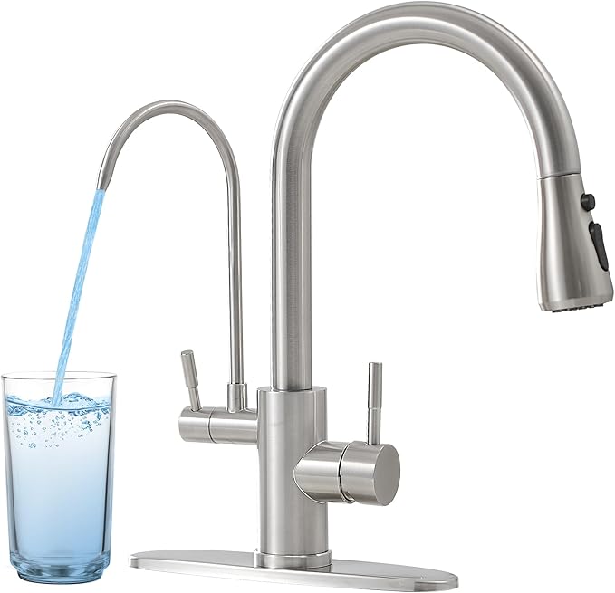 Kitchen Faucets with Water Filter and Pull Down Sprayer,Kitchen Sink Faucet,Two Handle Sink Faucet with Pull Down Sprayer for 3 Function,Without Water Filtration Device,Brushed