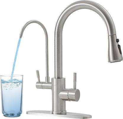 Kitchen Faucets with Water Filter and Pull Down Sprayer,Kitchen Sink Faucet,Two Handle Sink Faucet with Pull Down Sprayer for 3 Function,Without Water Filtration Device,Brushed