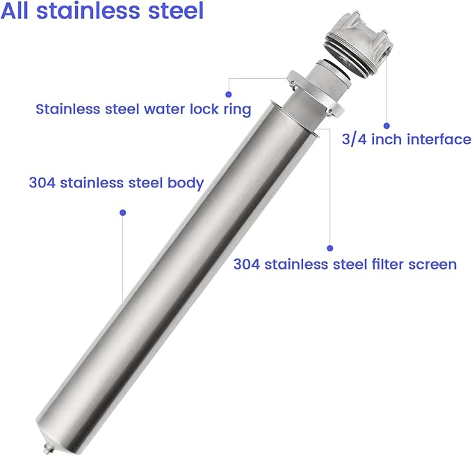 Amwater NSF/ANSI 42 Stainless Steel Whole House Water Filter Housing, 20" x 2.5" Sediment Water Filter System for Heavy Duty, Well & City Water, 1" NPT Port, Drain Valve Style C (Square Head)