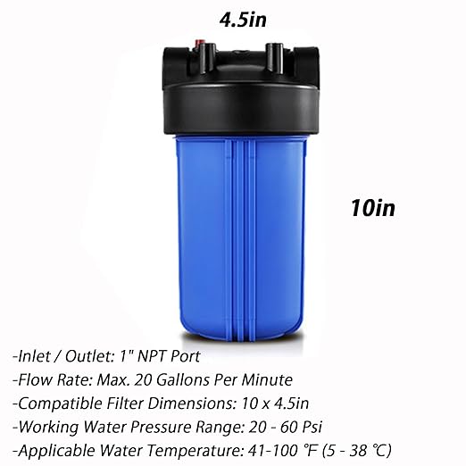 Whole House Water Filter Housing, 10"x4.5" Water Filtration Housing, Sediment Filter System for Well Water with 1" NPT Port, Pressure Release Button