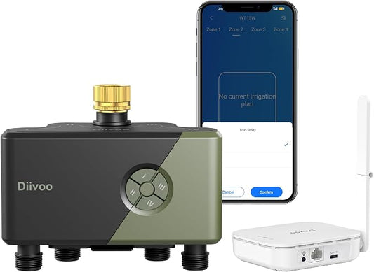 Diivoo WiFi Water Timer for Garden Hose, 4 Zone Smart Sprinkler Timer with Brass Inlet, Ethernet & 2.4GHz WiFi Connection, Compatible with Alexa/Google, 24 Irrigation Plans & Rain Delay Mode for Lawns