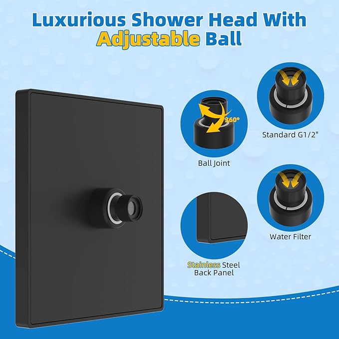Hibbent cUCPC Certified Rain Shower Head, 8'' High Pressure Rainfall Shower Head, Square Bathroom Waterfall Shower Heads, High Flow Fixed Showerheads with Adjustable Brass Ball Joint, Matte Black