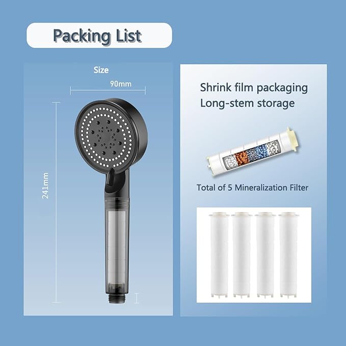 Shower Head High Pressure Black, 5-Spray Filtered Showerhead with Water Softener Beads & ON/OFF Switch for Daily & Pet Care – Removes Chlorine, Softens Hard Water, Reduces Dry Itchy Skin