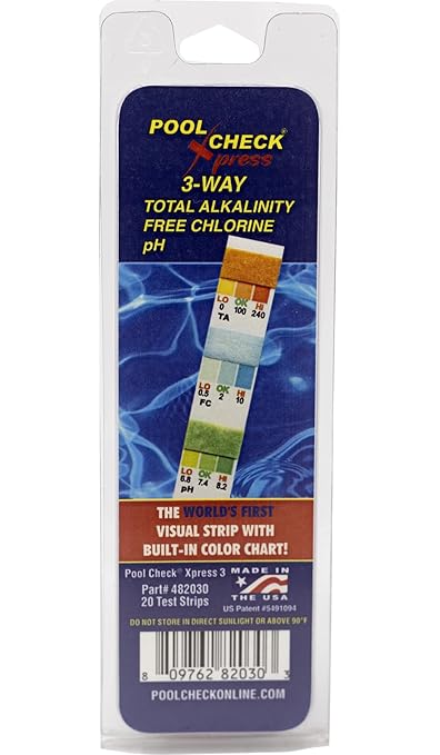 Pool Check Xpress 3-Way Test Strip 482030 – Award Winning - Built-in-Color-Chart on The Strip – No Color Chat Needed - Water Testing for Total Alkalinity, pH, and Free Chlorine in Pool and Spas