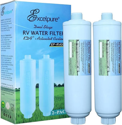 EXCELPURE RV Inline Water Filter with Anti-Kink Hose, 3/4" Garden Hose Thread, NSF/ANSI 42 Certified, Reduces Chlorine, Rust & Odor, Ideal for RVs, Campers, Gardening, Car Washing & Bath Filling, 2pk