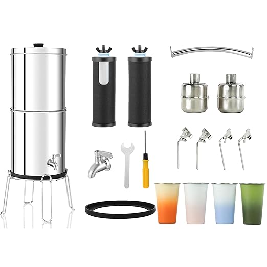 2.25G Ultra-Filtration Gravity Water Filter System-304 Stainless Steel Countertop System with Handle,2 Shut-Off Valves,4 Cups+Holders,2 Carbon Filters and Stand,NSF/ANSI 42 Certification