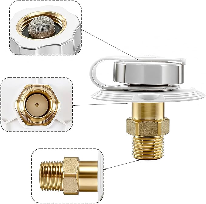 RV City Water Inlet with Check Valve, 3/4'' NH Female to 1/2" NPT Male Brass Motorhome Water Fill Inlet Connection, Camper Liquid Hose Connector, Universal for Trailer Camper RV (White)