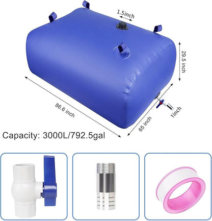 Water Storage Bladder Portable Heavy-Duty - 792.5Gal/3000L with Stainless Steel Fittings, Leak-Proof & Durable – Portable Tank for Emergency, Farming, Irrigation Use