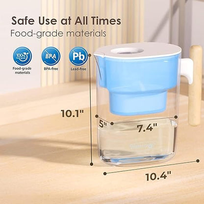 Waterdrop PT-04B Water Filter Pitcher, 10-Cup Capacity, NSF Certified, 200-Gallon Long-Life Filter, 5X Longer Filter Life, Reduces PFOA/PFOS and Chlorine, BPA-Free, Sturdy Wooden Handle, Blue