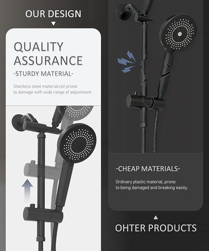 Filtered Shower Head with Handheld Shower Head High Pressure Rainfall System with Slide Bar Dual Filter Softener for Hard Water,6 Spray Modes,Adjustable Height,Black