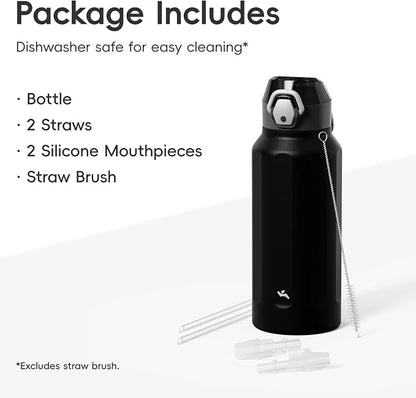 Konokyo FLOWPLAY 40oz Locking Push-Button Water Bottle with Silicone Spout,Leak-Proof,18/8 Stainless Steel Double-Wall Vacuum Insulated for Sports and Travel,BPA-Free,Black