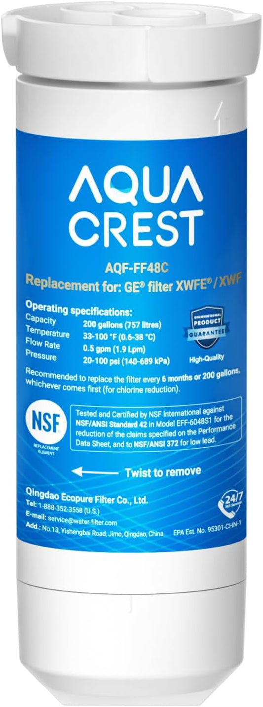 AQUA CREST XWFE Water Filter, Replacement for GE® XWFE, Built-in Chip | Replacement for GE® XWF, Compatible with GNE27, GNE25, GNE21, GFE28, GFE26, GFE24, GWE19, GYE18, GSS25 Series Refrigerators
