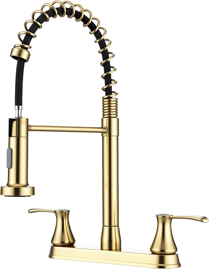HOMELODY 2 Handles Kitchen Faucet with Pull Down Sprayer for 3 Hole Sink, 360° Rotating Spout Commercial 2 Handle Stainless Steel Kitchen Faucets with Deck Plate Gold