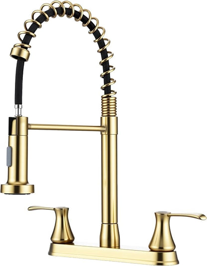 HOMELODY 2 Handles Kitchen Faucet with Pull Down Sprayer for 3 Hole Sink, 360° Rotating Spout Commercial 2 Handle Stainless Steel Kitchen Faucets with Deck Plate Gold