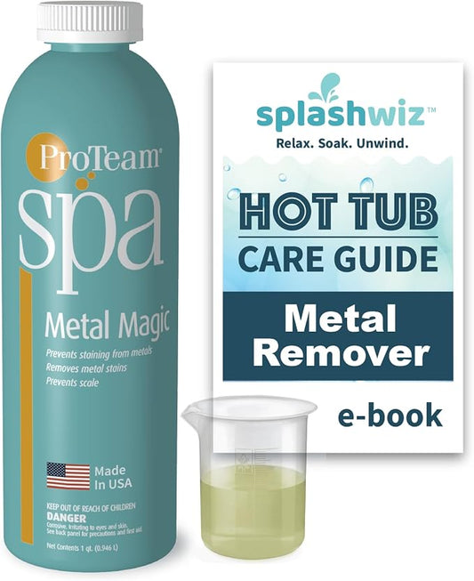 Proteam Spa Metal Magic | Hot Tub Metal Remover & Sequestrant – Removes Iron, Copper, Manganese | Prevents Staining & Scale | Compatible with All Sanitizers – 1 qt, Made in USA + SplashWiz Care Guide